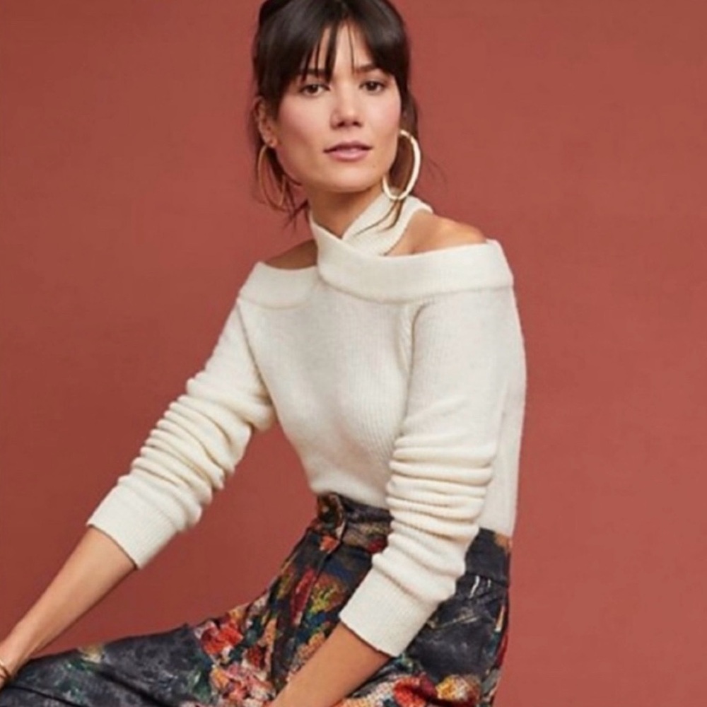 Moth by Anthropologie Elegant Cream Off-Shoulder Sweater